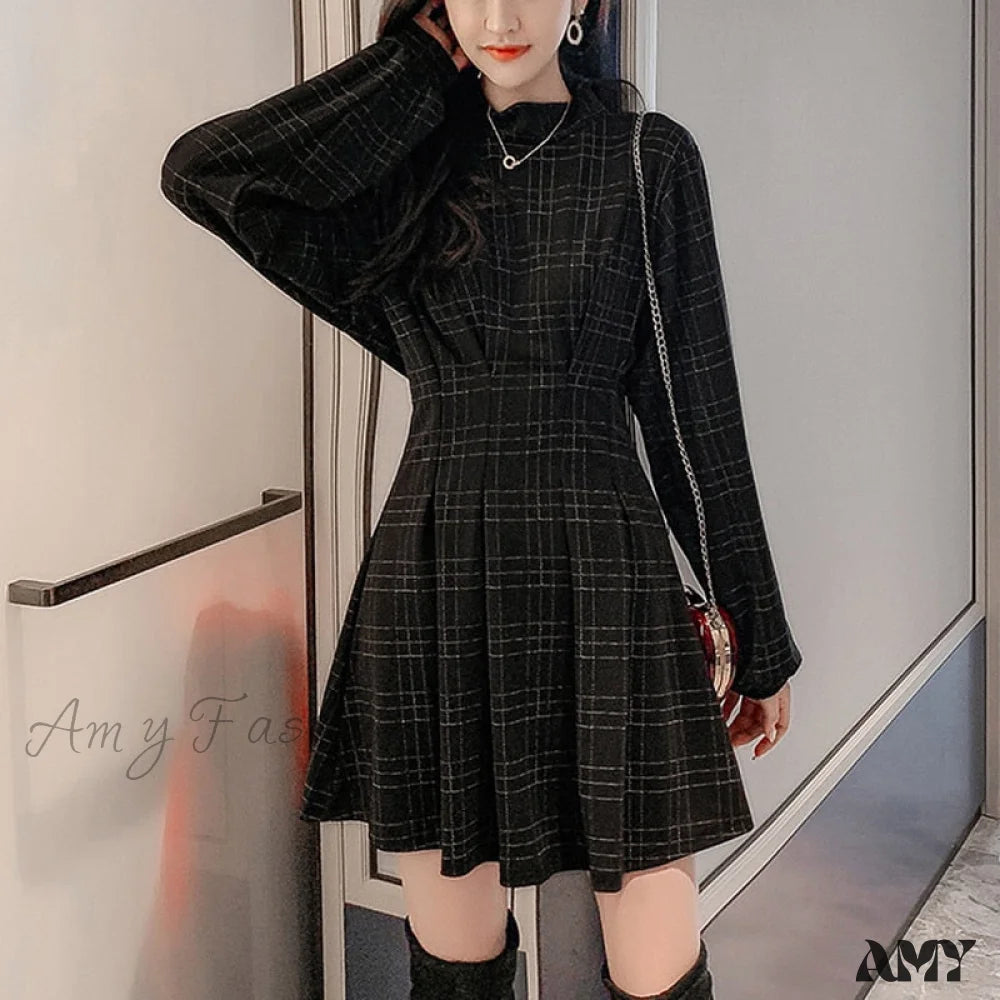 Glamorous Evening Wear Amy Fashion - Stand Collar Long Sleeve Balck Plaid Pleat Ruched Mini Dress