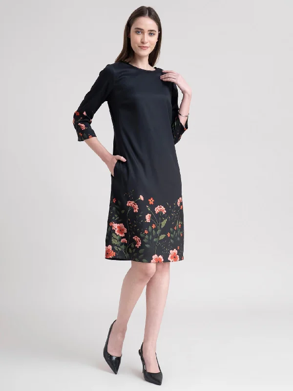 Wardrobe Essentials Round Neck Floral Print Shift Dress - Black And Green