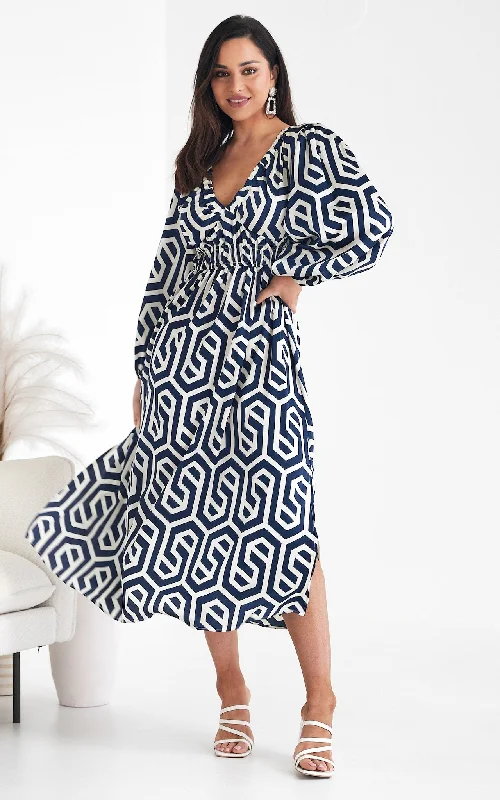 Comfortable Loungewear for Women Ember Midi Dress - Blue Cream Geometric Print