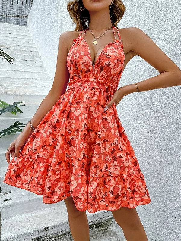 Sales For Clothes Floral Halter Neck Backless Dress