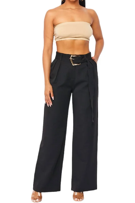 Preppy Style Gold Belted Black Trouser