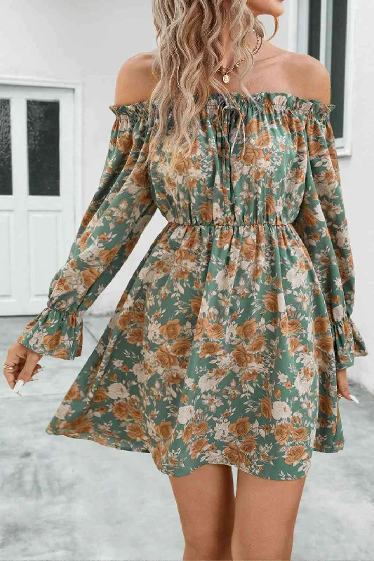 Weekend Sale Floral Off-Shoulder Flounce Sleeve Dress