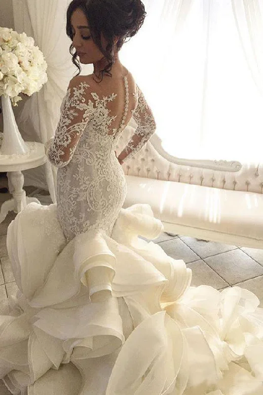 Hot Trends Gorgeous Long Sleeve Ivory Appliques Ruffles Wedding Gowns Mermaid Bridal Dresses N1117