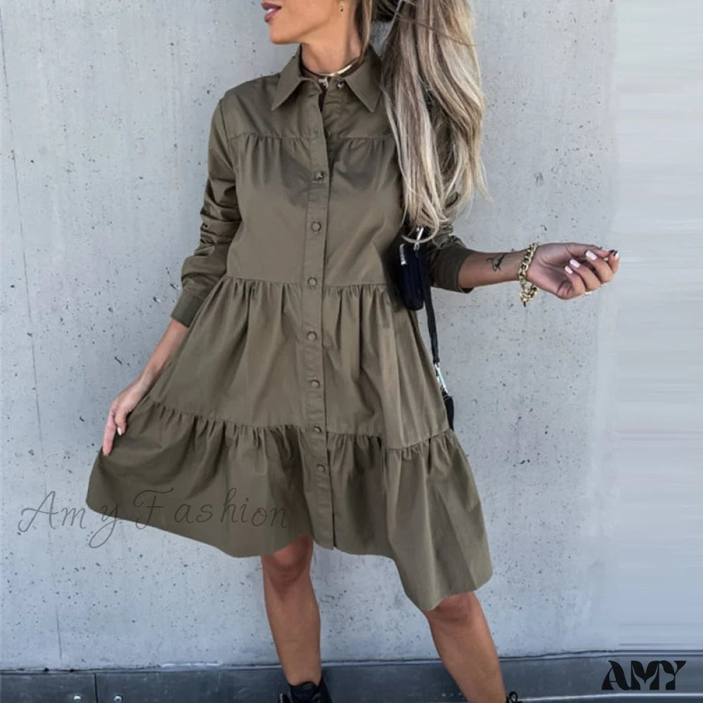 Flash Sale Event Amy Fashion - Lapel Pleated Ruffle Female Mini Dress