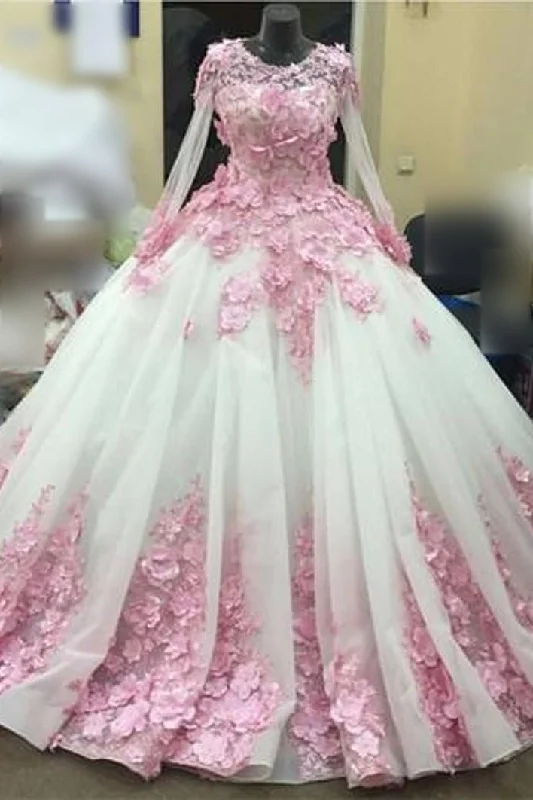 Comfort First Women's Fashion Ball Gown New Style Long Sleeve Tulle Prom Dress with Pink Flowers Ivory Wedding Dress N1311