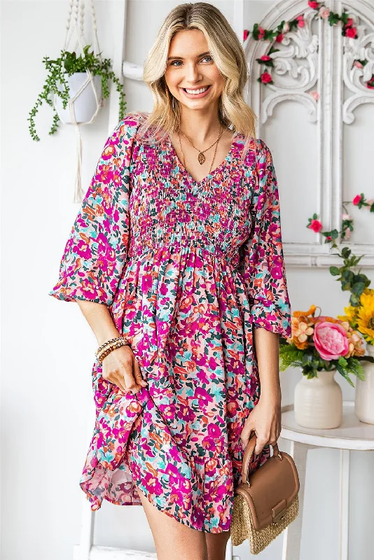 Women Wear Brands Floral Smocked V-Neck Flounce Sleeve Dress