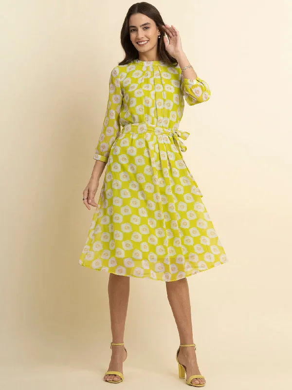 Stylish Savings Georgette Floral A Line Dress - Acid Green and White