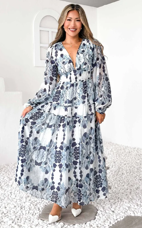 Online Boutique Clothing Diana Long Sleeve Maxi Dress - Blue Print