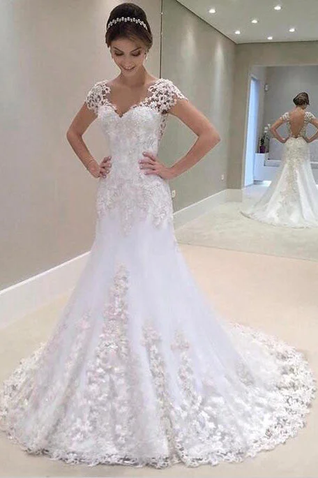 Trendy Women’s Apparel for All Seasons White Lace Appliques Cap Sleeves Open Back Wedding Dresses Sheath Sweep Train Bridal Dresses