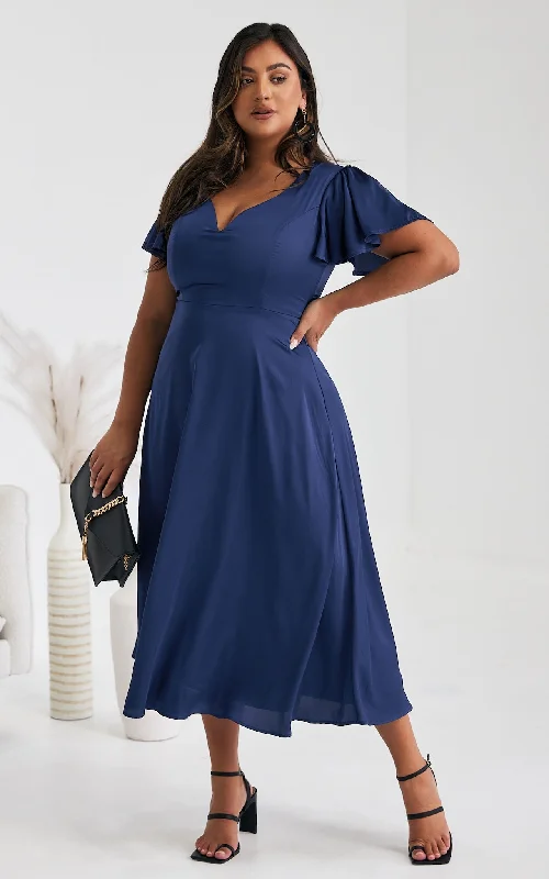 Chic Women’s Clothing for Work and Travel Cabernet Maxi Dress - Navy Blue Satin