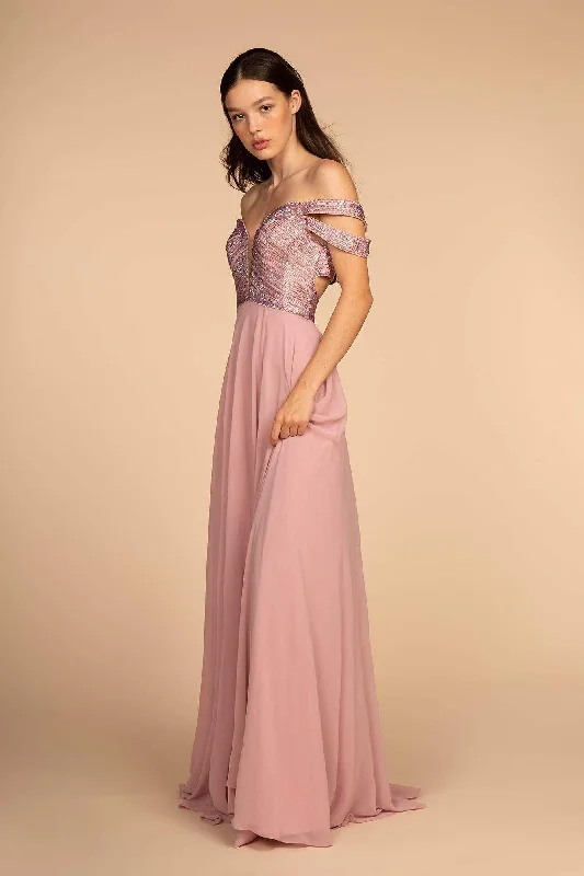 Online Boutique Clothing Elizabeth K - GL2527 Jeweled Bodice Plunging Off Shoulder Gown