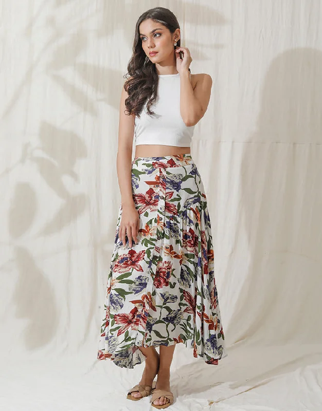 Limited Styles Button Down Floral Print Midi Skirt