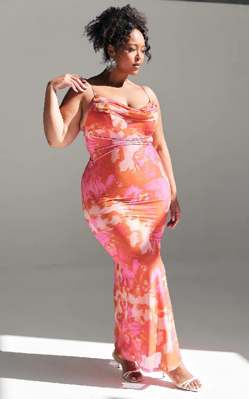 Online Clothing Stores Lizzie Mesh Maxi Dress - Pink Orange Print