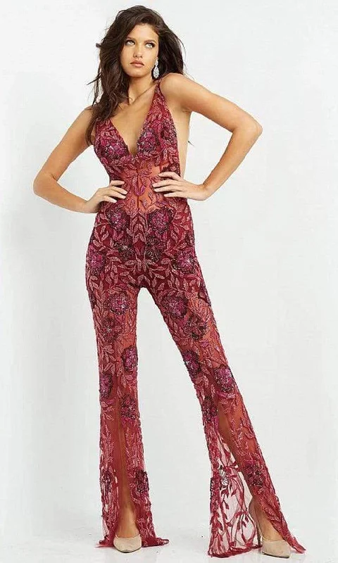 High End Designer Brands Discount Jovani - 04402 V Neck See Through Beaded Jumpsuit