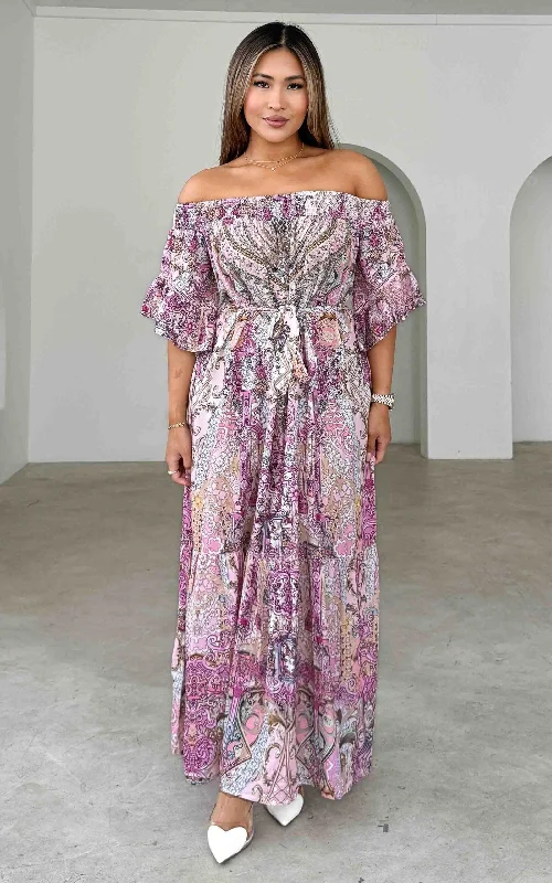 Relaxed Fashion Gamela Gem Embellished Maxi Dress - Pink Multi Print