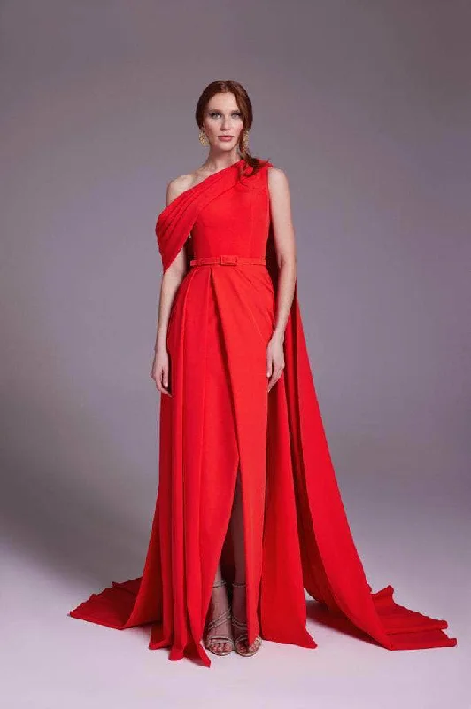 Chic Casual Style MNM Couture N0551 - Asymmetric Crepe Gown with Cape