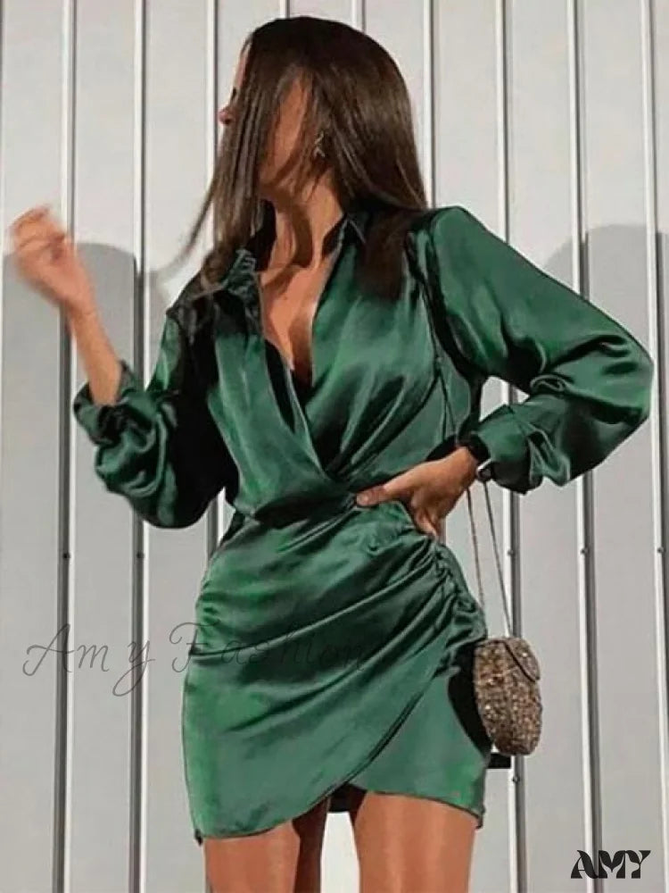 Online Boutiques Amy Fashion - Long Sleeve V Neck Ruched Wrap Mini Dress