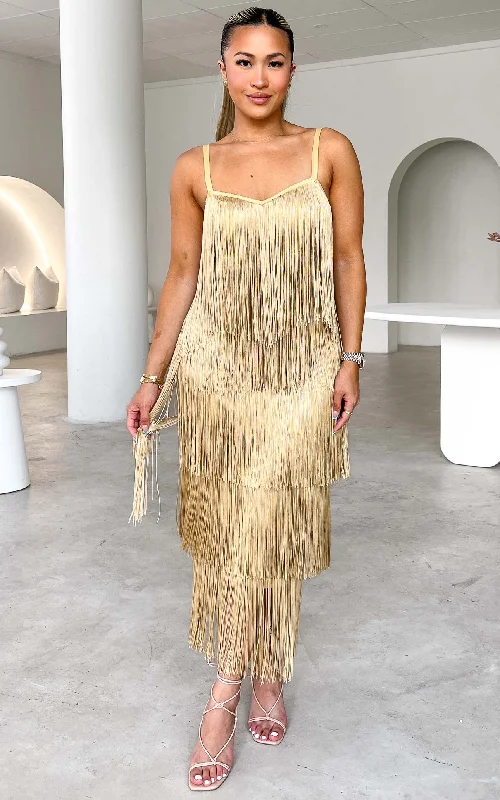 Flash Sales Today You Found Me Fringe Tassel Maxi Dress - Gold