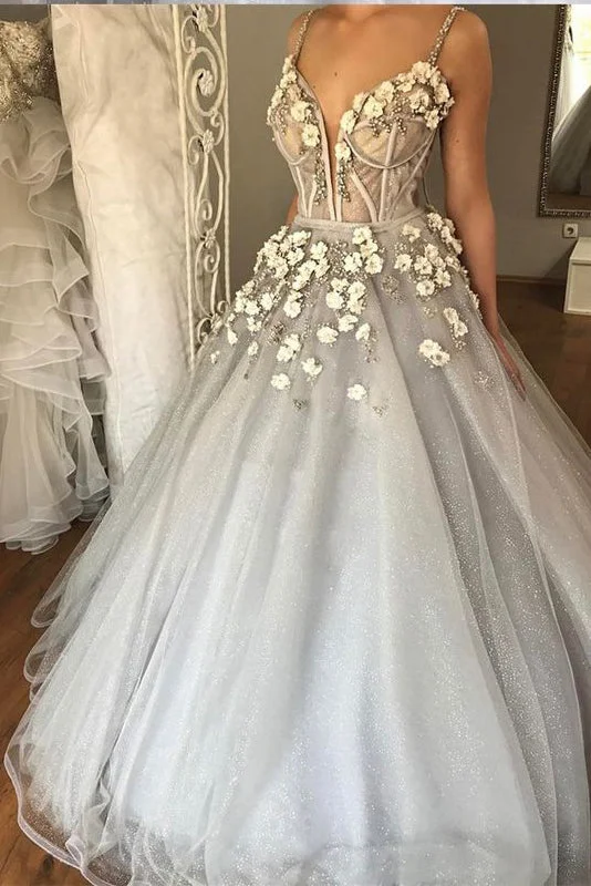 Flash Sale Clothing Sexy Straps Ball Gown Appliqued Deep V-Neck Beaded Wedding Dresses