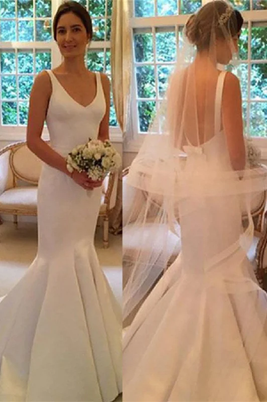 Fashion Deal Newest Mermaid V-neck Sleeveless Backless Wedding Dresses With Train N1258