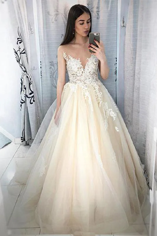 Trend Setting Wardrobe Lace Appliqued Tulle Long A Line Prom Dresses Sheer Neck Wedding Dresses N1297