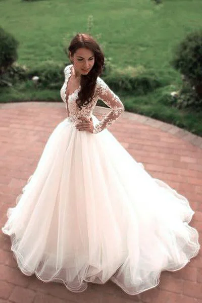 Fresh Styles, Fresh Deals Boho Puffy Tulle Bridal Dresses with Lace Long Sleeves Sheer Neck Ivory Wedding Dresses N1269