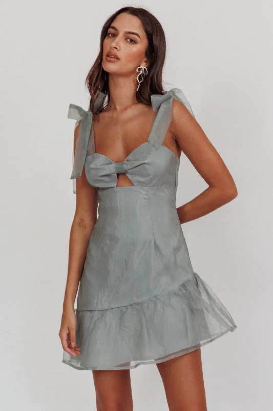 Elegant Fashion Alexia Bow Shoulder Ruffle Hem Mini Dress Sage