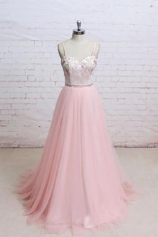 Laid-Back Elegance Spaghetti Straps Pink Lace Flora Tulle Sweetheart Backless Wedding Dresses Prom Dresses N820