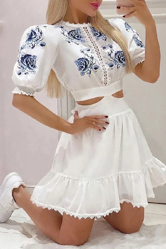 Edgy Fashion Floral Embroidery Cutout Lace Patchwork Girly Tiered Mini Dress