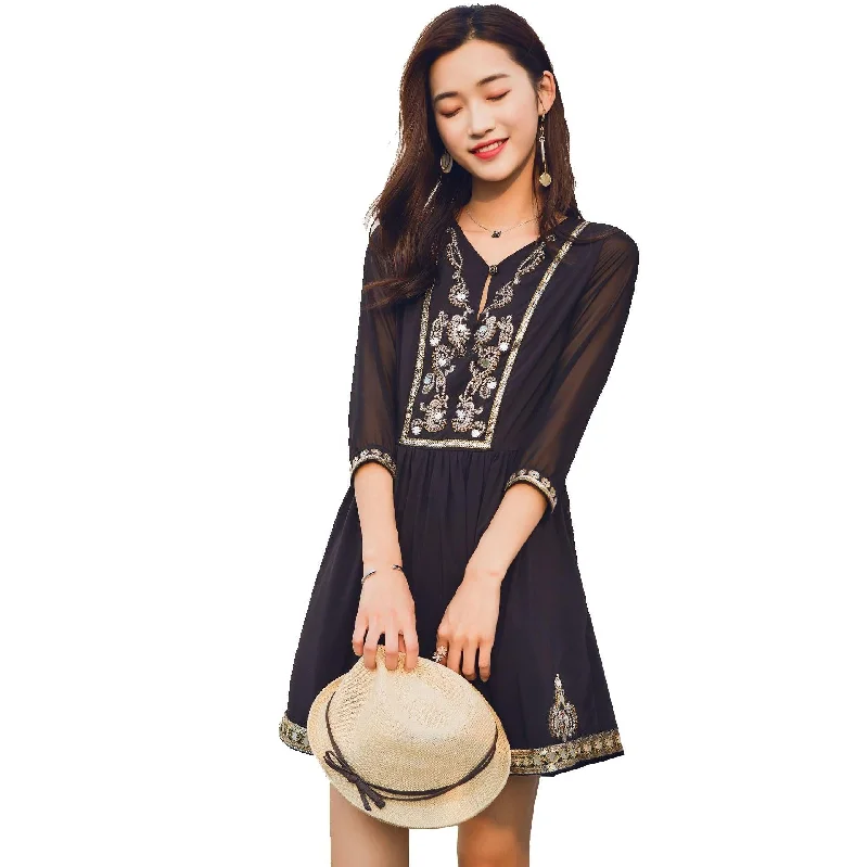 Cheap Women's Clothing Online Black Embroidery Classy Mini Dress