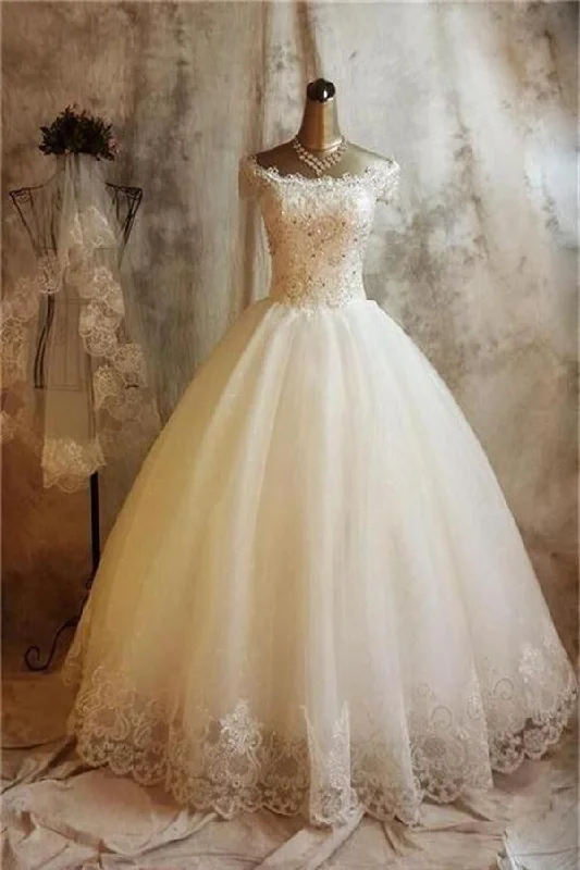 Fashion Forward Ivory Off Shoulder Tulle Puffy Wedding Dresses with Short Sleeve Floor Length Bridal Dresses N1157