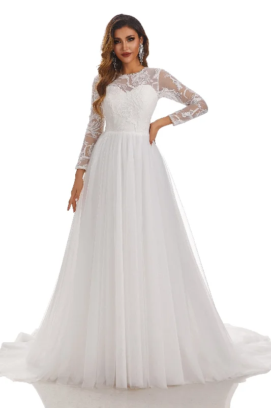 Low Price Special A Line Long Sleeve Lace Appliques Tulle Wedding Dresses