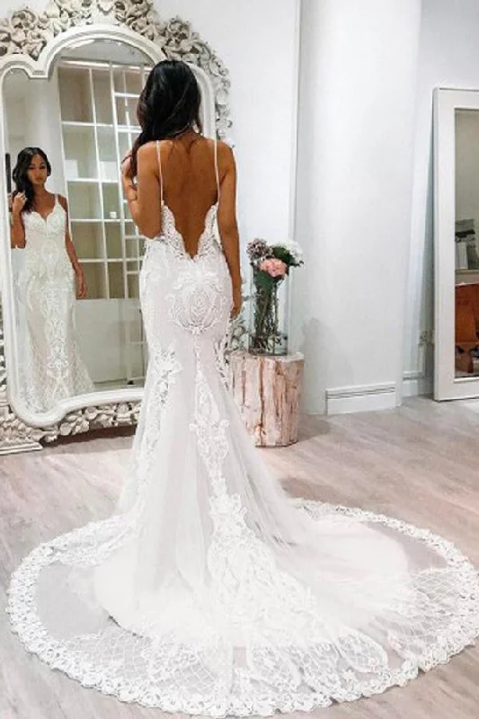 Wardrobe Upgrade Spaghetti Strap Mermaid Backless Lace Wedding Dresses