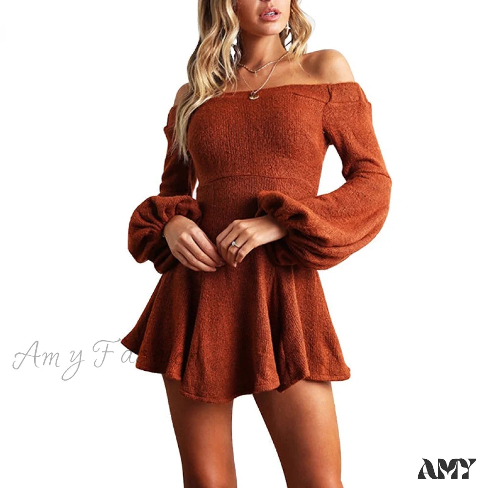 Premium Fabrics Amy Fashion - Off Shoulder Long Sleeve Slash Neck Sexy Mini Dress