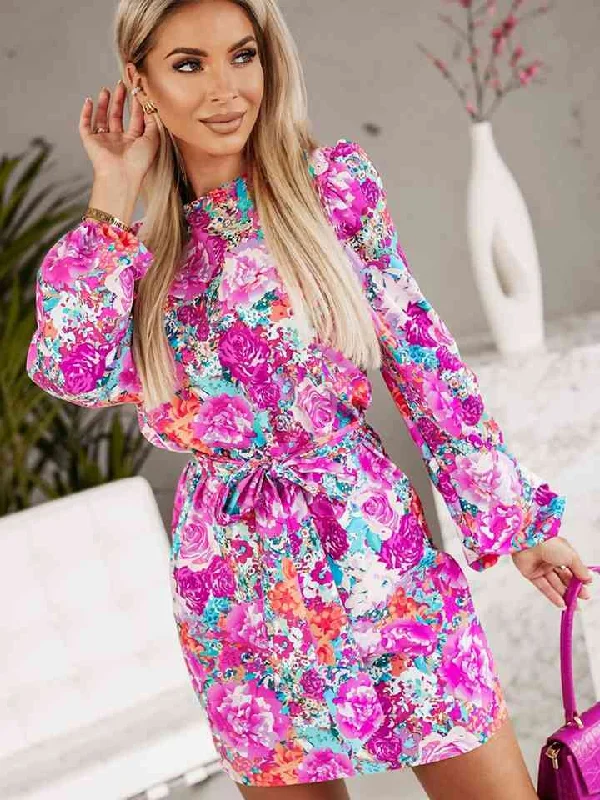 Eclectic Fashion Floral Print Round Neck Long Sleeve Dress