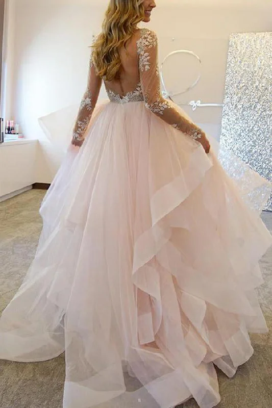 Women's Clothing Sale Online A Line Long Sleeves Tulle Sheer Neck Wedding Dresses With Appliques