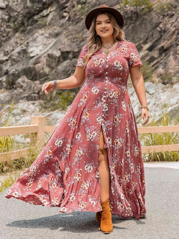 Limited Time Offer Plus Size Floral Slit Ruffle Hem Dress