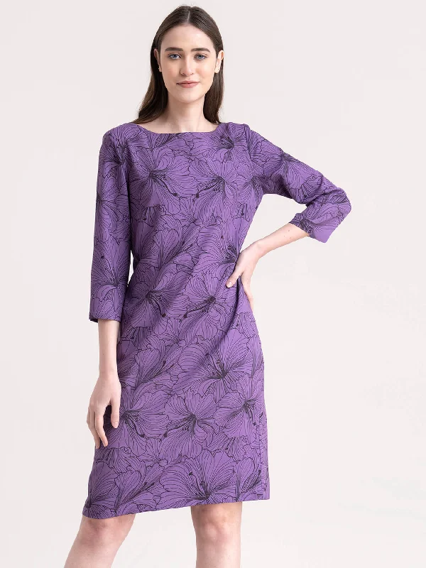 Premium Fashion Floral Print Shift Dress - Purple