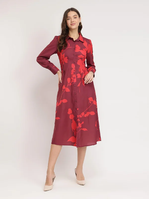 Boho Chic Fashion Floral Print Shirt Dress - Maroon