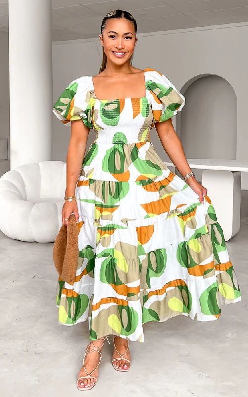 Flash Discount Sabah Midi Dress - White Green Print