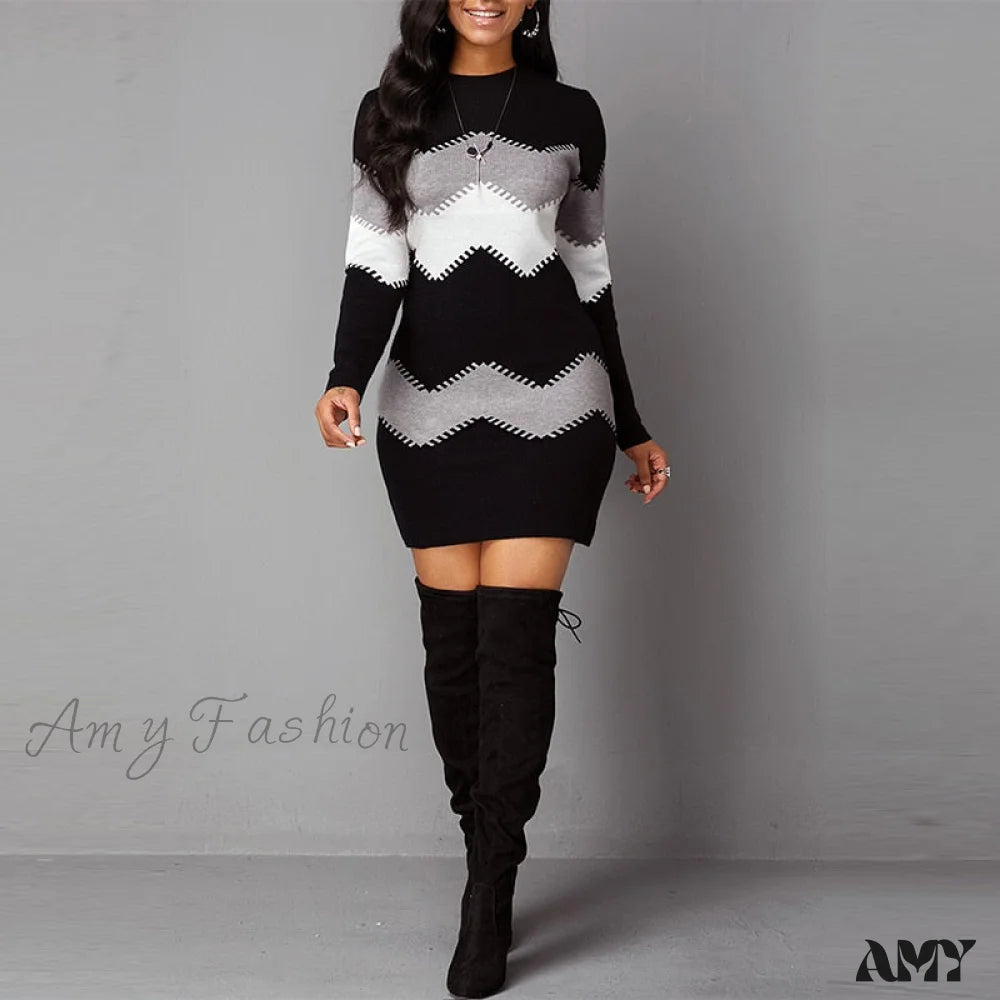 Women's Clothing Boutique Amy Fashion - Women Autumn Elegant O-Neck Wave Striped Mini Dress