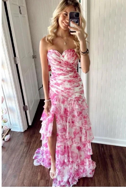 Women's Online Boutique Pretty Strapless Chiffon Print Floral Layered Evening Dress Slit Prom Dress Y7881