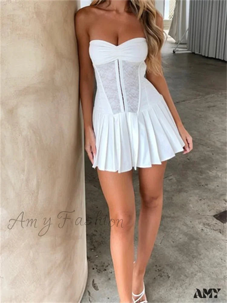 Fashion Forward Outfits Amy Fashion - Sexy Tube Sleeveless Off Shoulder Front Ruched Lace Mini Dress