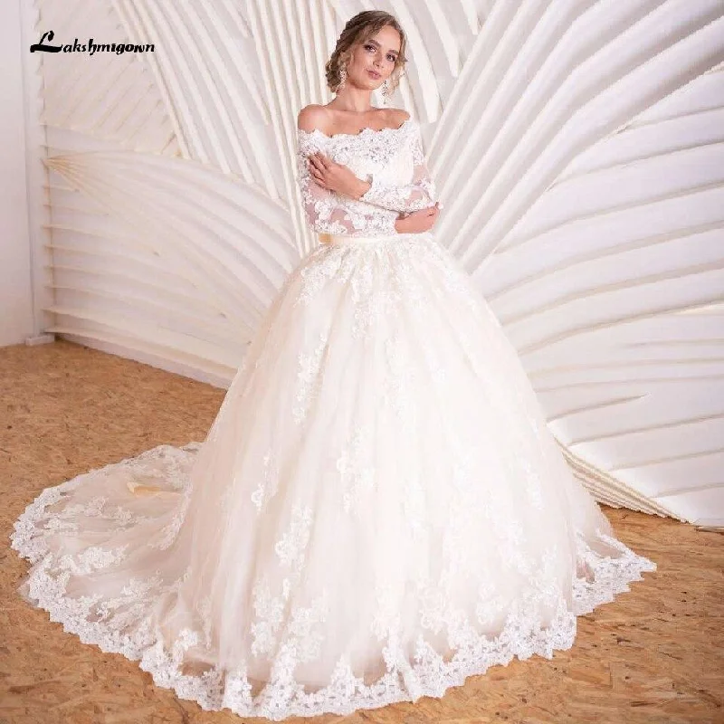 Trendy Fashion For Women Roycebridal Luxury Champagne Wedding Dress Long Sleeve Lace Elegant