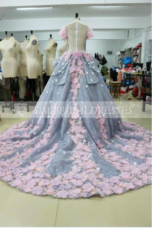 Flash Sales This Week Luxurious Ball Gown Backless Appliques Long Wedding Dresses with Flowers N308