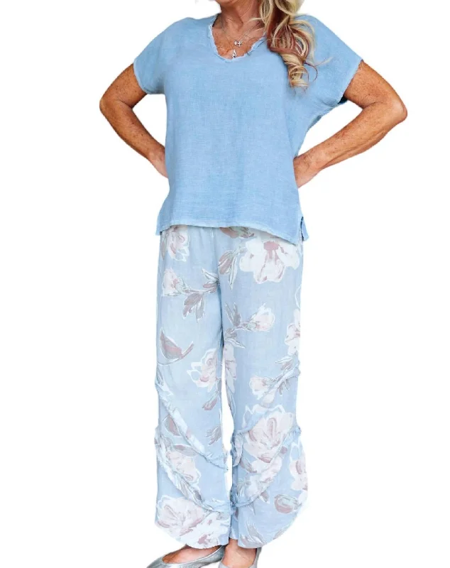 Hot Styles Floral Linen Pants With Ruffle Detailed Leg In Dusty Blue