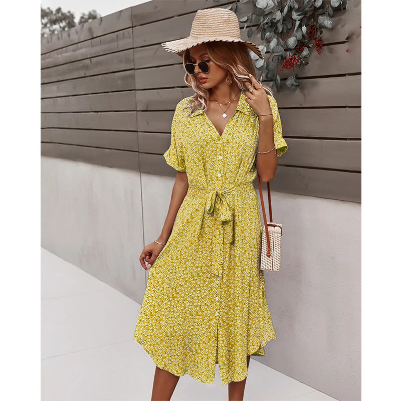 Mega Sale DressBetty - 2024 Casual Floral V-Neck Yellow Boho Dress for Summer