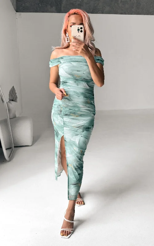 Affordable Women’s Clothing Online Elka Mesh Midi Dress - Green Gold Marble Print