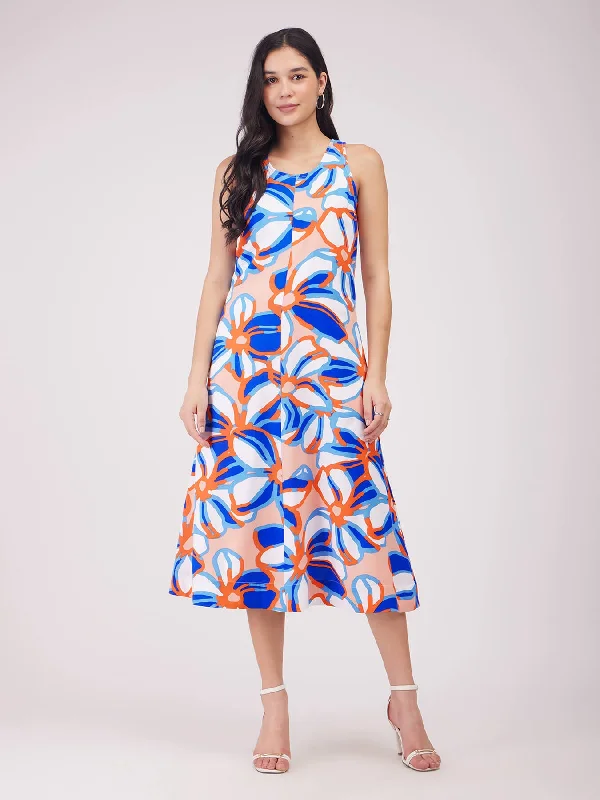 Chic Casual Style Floral A-line Dress - Blue And Orange