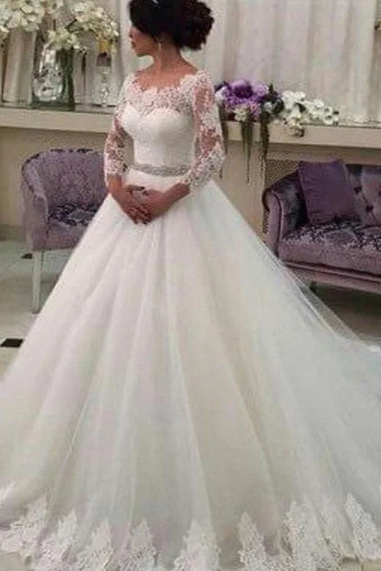 Comfortable Loungewear for Women Long Sleeves Ball Gowns Lace Vestido de Noiva CustomizedTulle Wedding Dresses With Beaded Sash